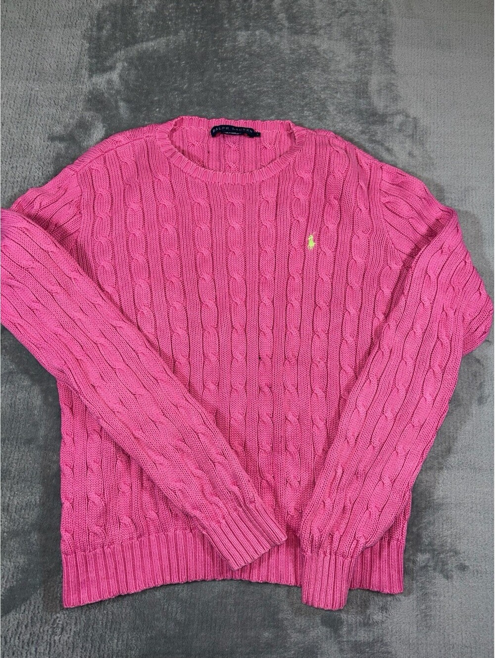 Ralph Lauren Women 100% Cotton Preppy Sweater Lrg Cable Knit Pink Green Pony VTG